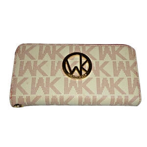 Wendy Keen Monogram Zip Around‎ Wallet Cream Red Logo Gold Tone Hardware Large